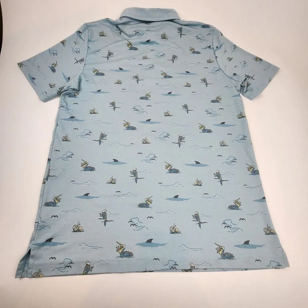 TravisMathew Golf Polo Shirt Men's Large Pelican Print Light Blue Pima Cotton - Picture 7 of 8